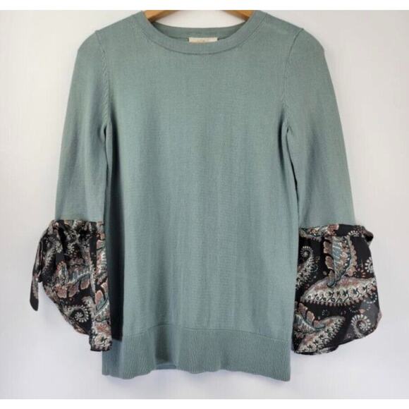 Loft Sweater Women's Medium Petite Sage Green 3/4 Sleeves Paisley 100% Cotton - Picture 1 of 6